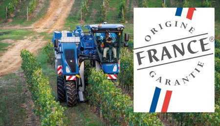 Las vendimiadoras, cosechadoras de olivar y tractores con chasis muy elevados de New Holland Braud obtienen la certificación Origine France Garantie