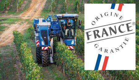 Las vendimiadoras, cosechadoras de olivar y tractores con chasis muy elevados de New Holland Braud obtienen la certificación Origine France Garantie